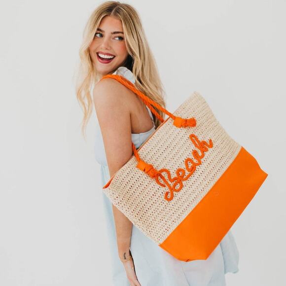Beach Bum Raffia Tote Bag Orange Tan - Picture 2 of 2